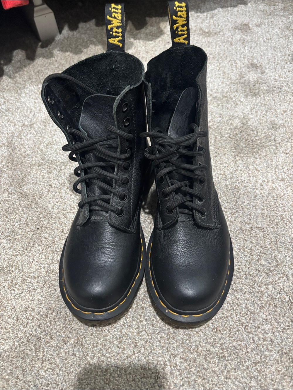 Dr. Martens Black Leather Lace-Up Boots with Yellow Welt Stitching